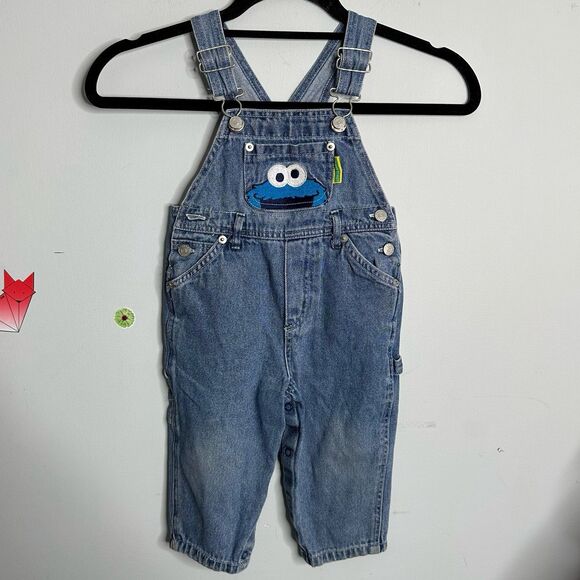 Vintage 1990s Cookie Monster Sesame Street Denim Jean Overalls Size 18 Months - Picture 1 of 5